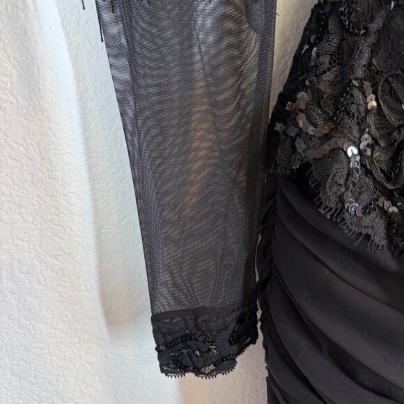 Vintage Black Beaded Fringe Gown Lace Ruched Sequin Cocktail Whimsigoth Dress M - Picture 13 of 17